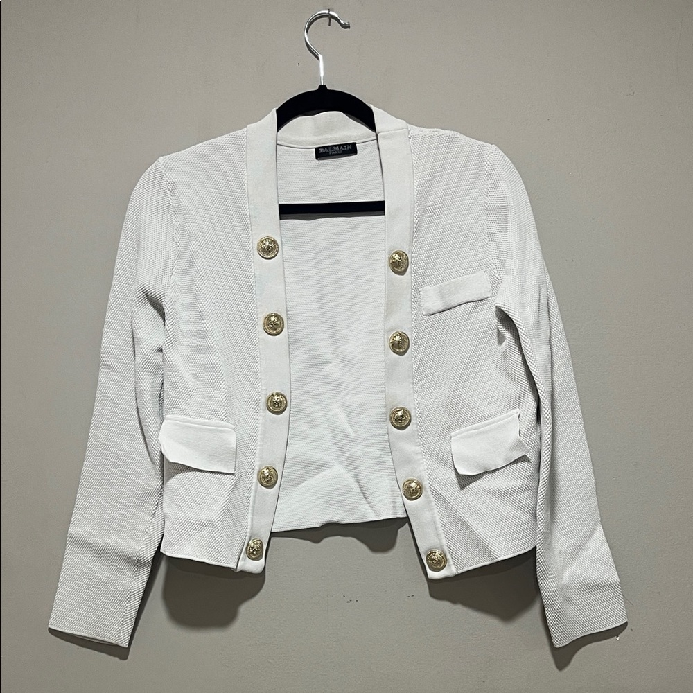 Balmain White Cropped Blazer with Gold Buttons